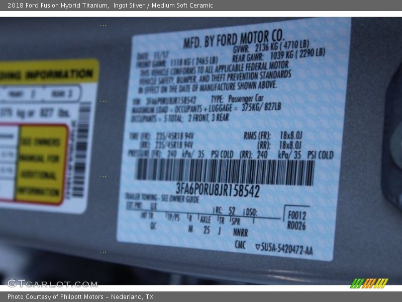Ingot Silver / Medium Soft Ceramic 2018 Ford Fusion Hybrid Titanium