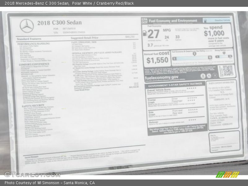 Polar White / Cranberry Red/Black 2018 Mercedes-Benz C 300 Sedan