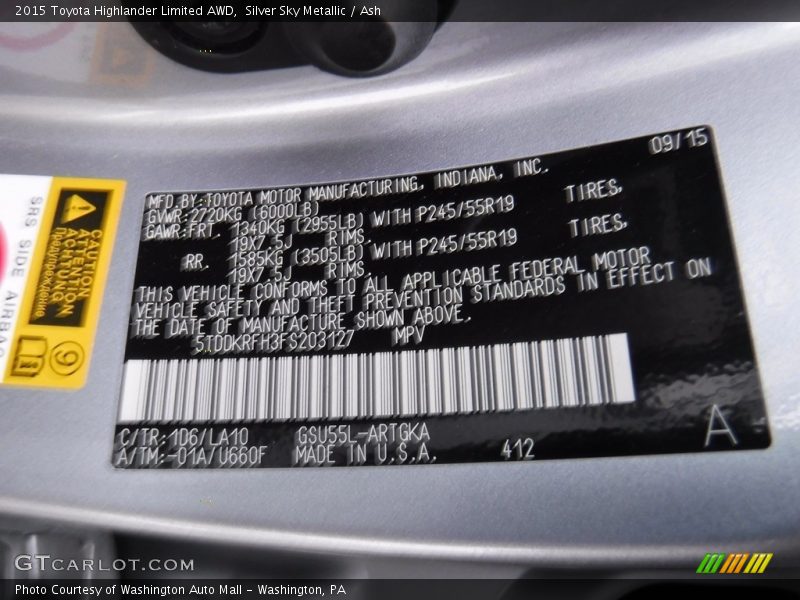 Silver Sky Metallic / Ash 2015 Toyota Highlander Limited AWD
