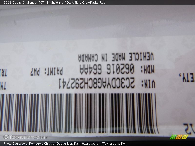 Bright White / Dark Slate Gray/Radar Red 2012 Dodge Challenger SXT