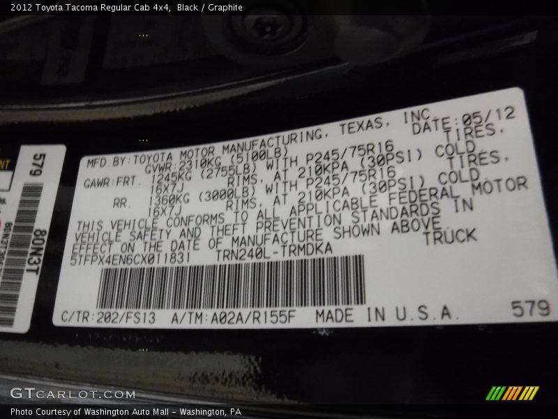 Black / Graphite 2012 Toyota Tacoma Regular Cab 4x4