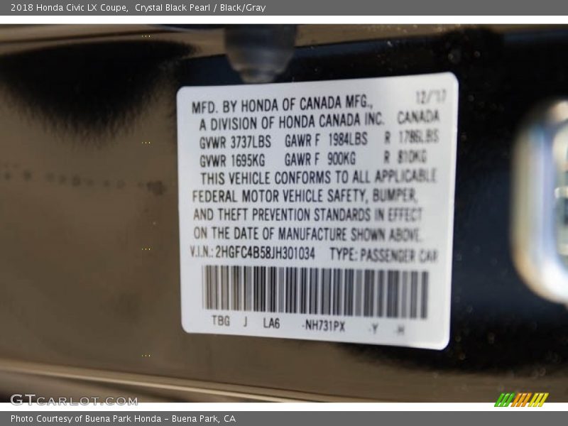 Crystal Black Pearl / Black/Gray 2018 Honda Civic LX Coupe