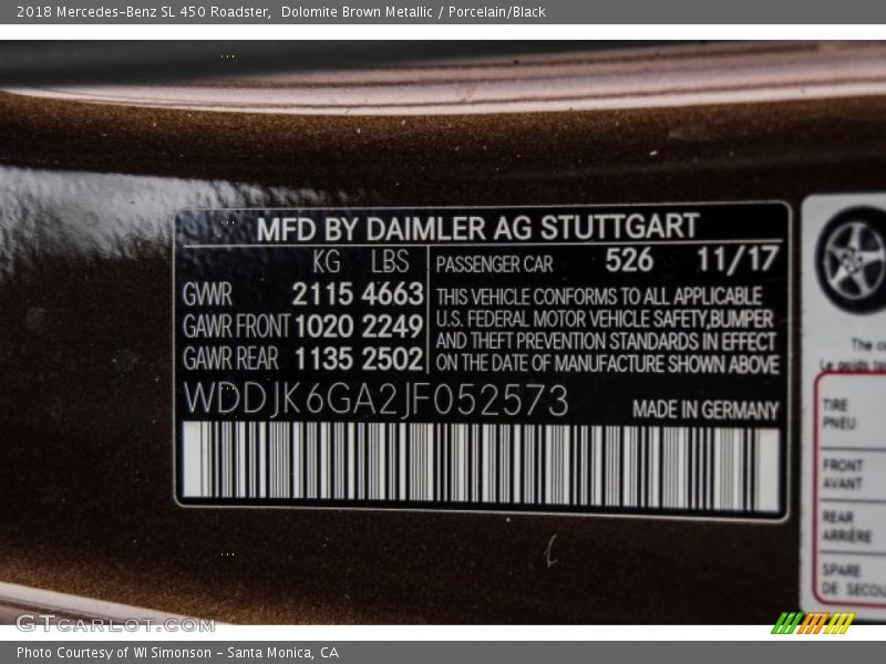 2018 SL 450 Roadster Dolomite Brown Metallic Color Code 526