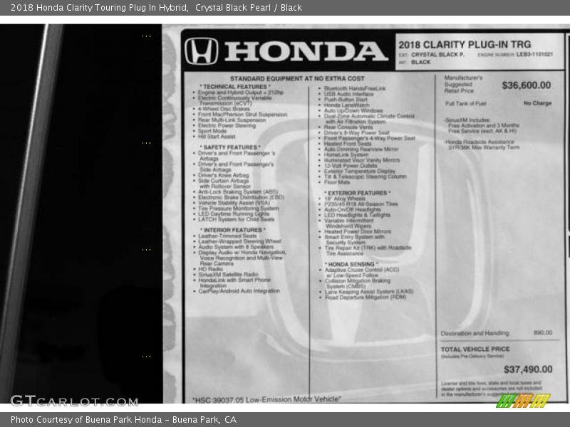 Crystal Black Pearl / Black 2018 Honda Clarity Touring Plug In Hybrid