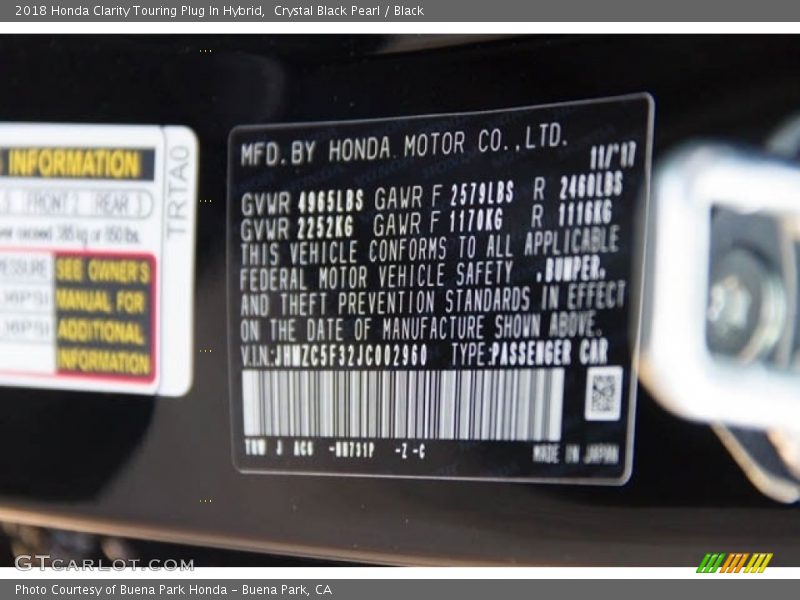 Crystal Black Pearl / Black 2018 Honda Clarity Touring Plug In Hybrid