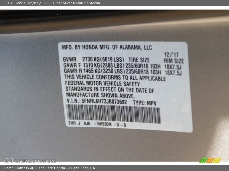 Lunar Silver Metallic / Mocha 2018 Honda Odyssey EX-L