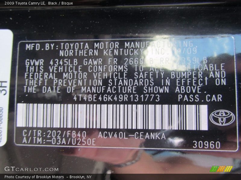 Black / Bisque 2009 Toyota Camry LE