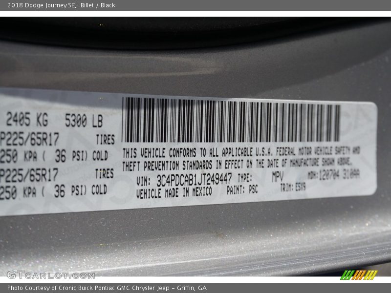 2018 Journey SE Billet Color Code PSC