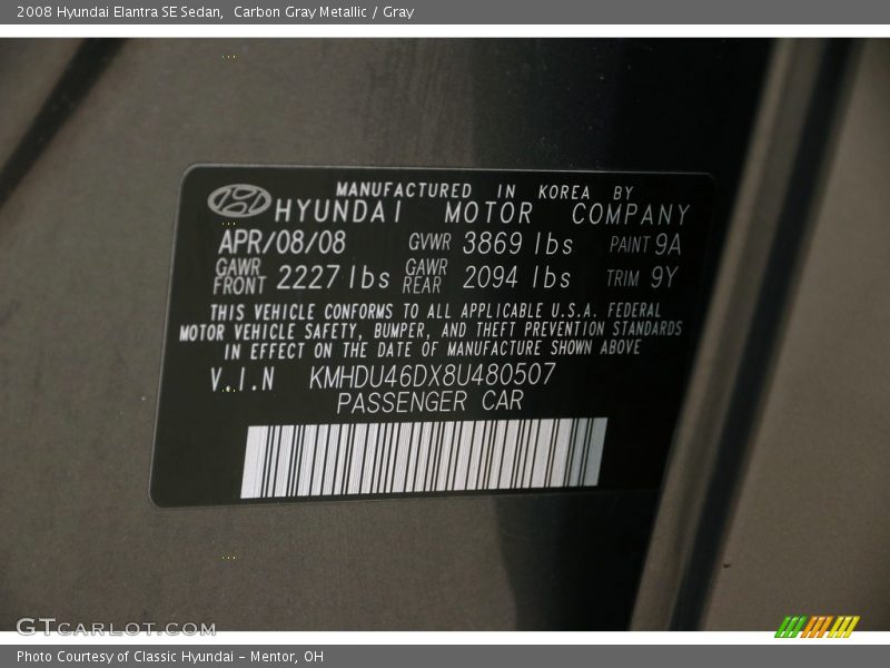 Carbon Gray Metallic / Gray 2008 Hyundai Elantra SE Sedan