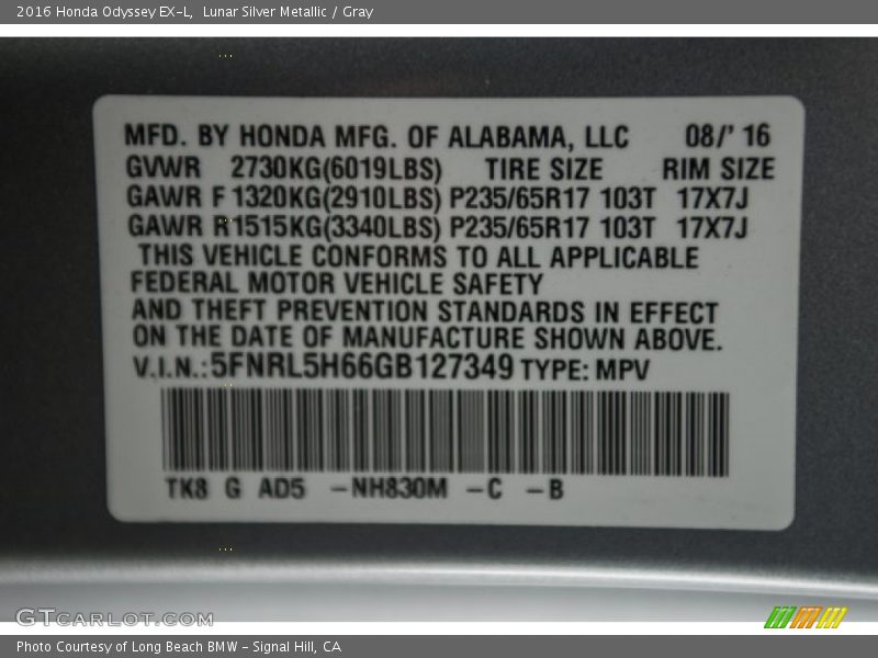 Lunar Silver Metallic / Gray 2016 Honda Odyssey EX-L