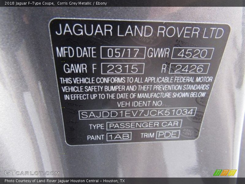 2018 F-Type Coupe Corris Grey Metallic Color Code 1AB