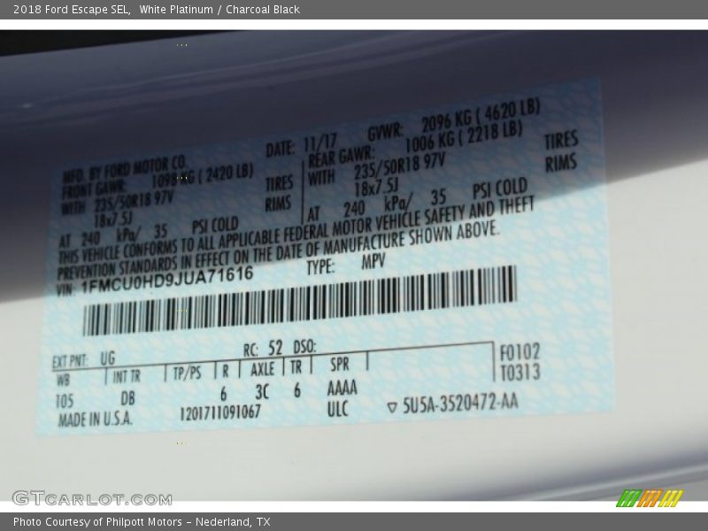 White Platinum / Charcoal Black 2018 Ford Escape SEL