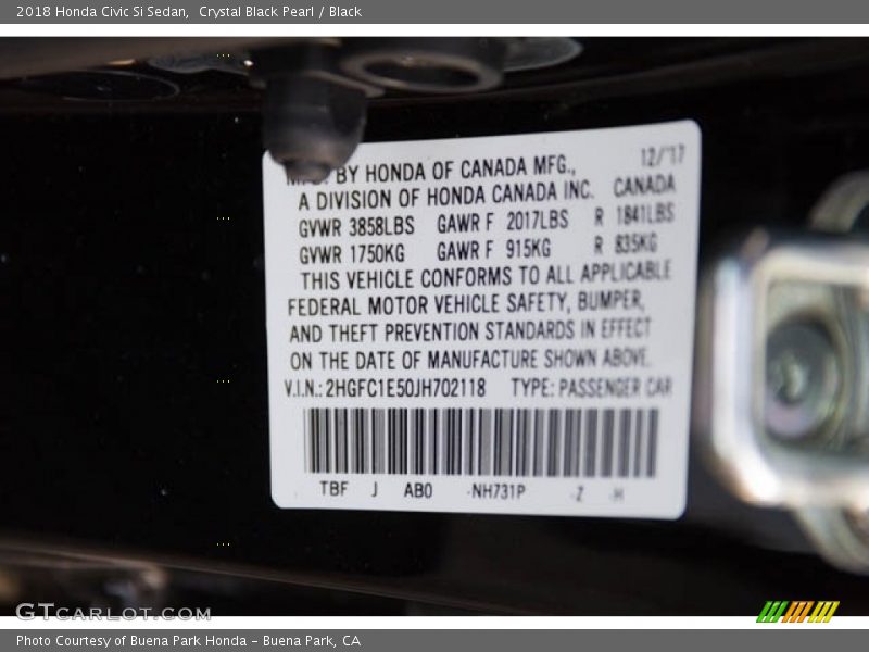 Crystal Black Pearl / Black 2018 Honda Civic Si Sedan