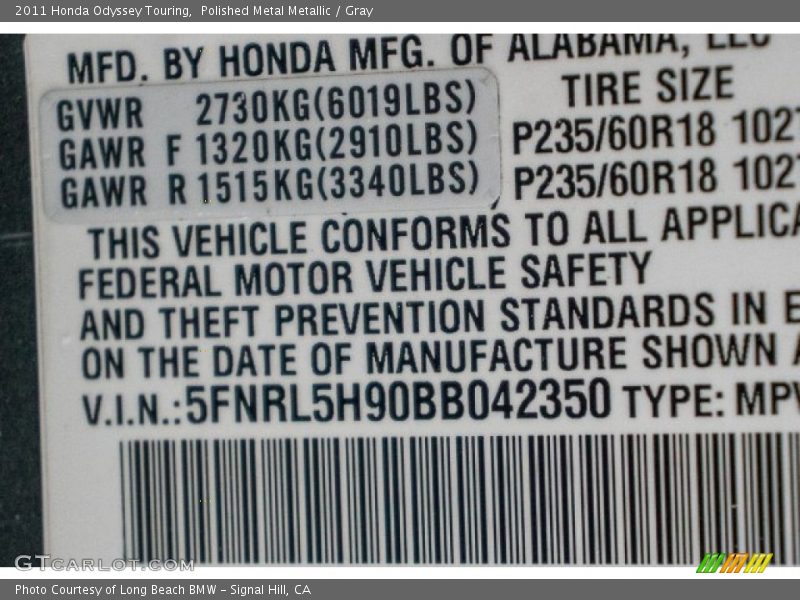 Polished Metal Metallic / Gray 2011 Honda Odyssey Touring