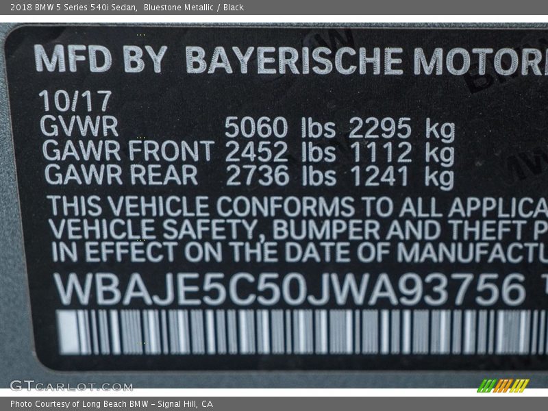 Bluestone Metallic / Black 2018 BMW 5 Series 540i Sedan