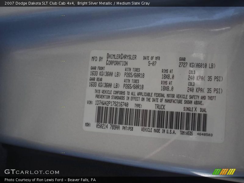 Bright Silver Metallic / Medium Slate Gray 2007 Dodge Dakota SLT Club Cab 4x4