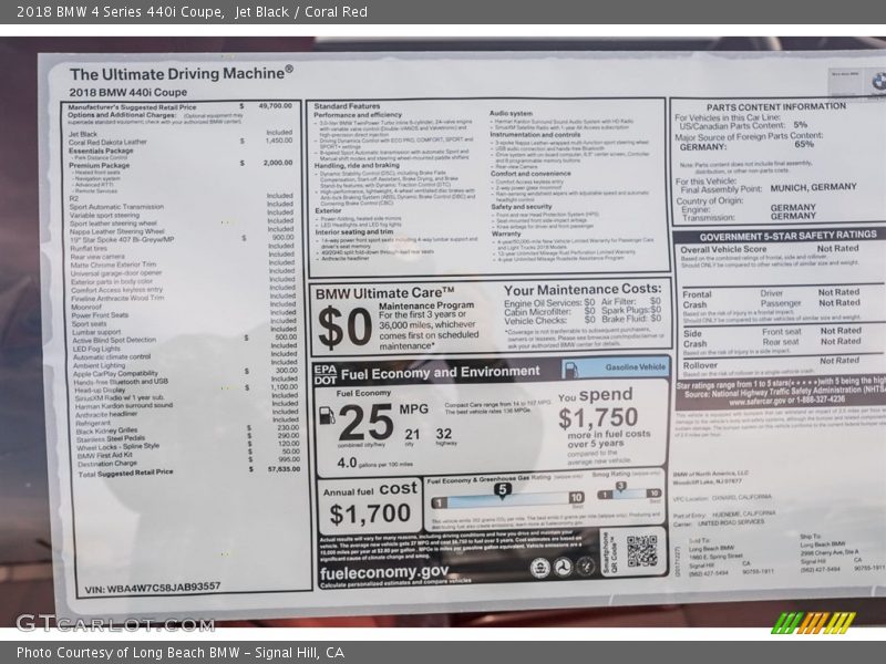  2018 4 Series 440i Coupe Window Sticker