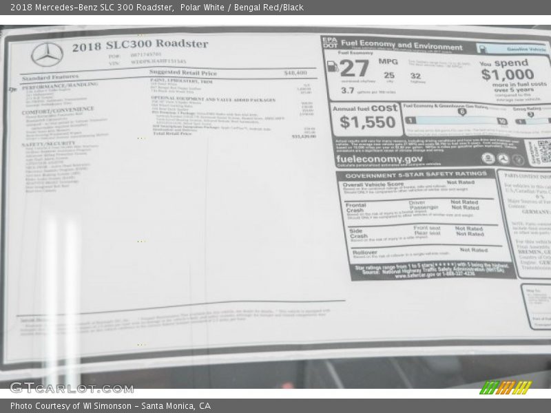  2018 SLC 300 Roadster Window Sticker