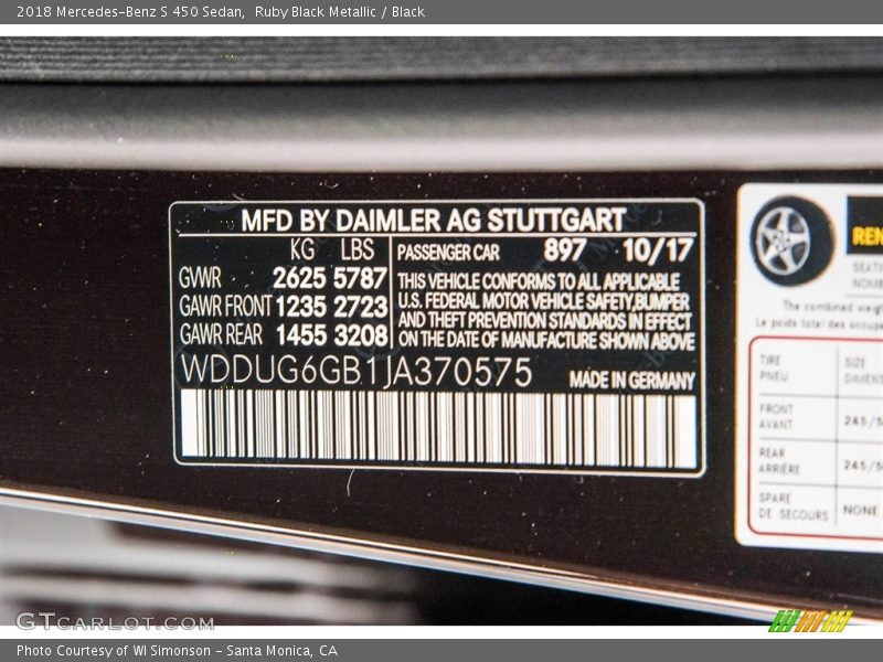 2018 S 450 Sedan Ruby Black Metallic Color Code 897