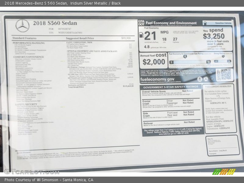  2018 S 560 Sedan Window Sticker