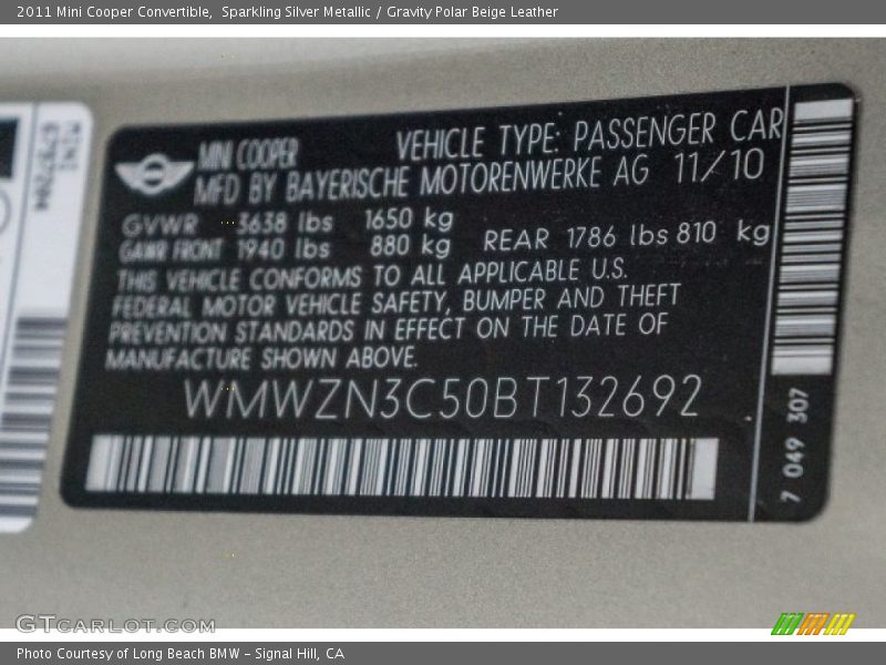 Sparkling Silver Metallic / Gravity Polar Beige Leather 2011 Mini Cooper Convertible