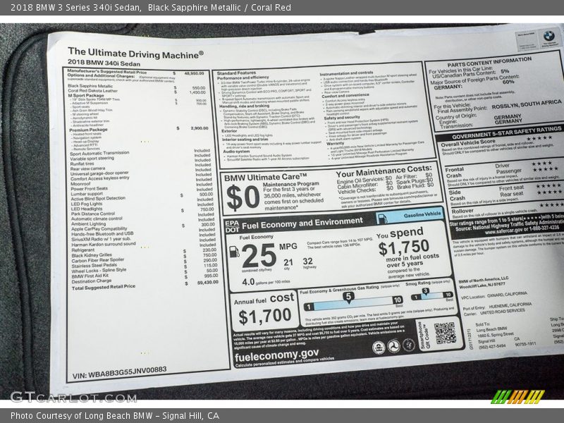  2018 3 Series 340i Sedan Window Sticker