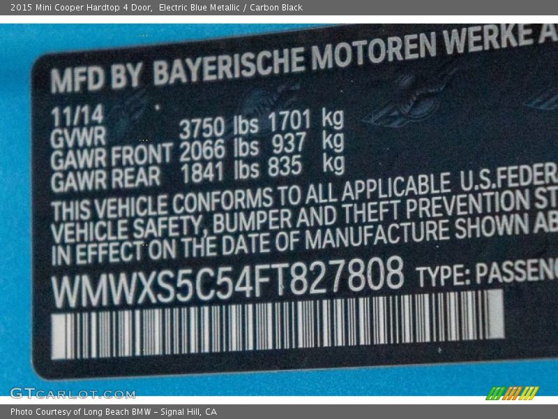 Electric Blue Metallic / Carbon Black 2015 Mini Cooper Hardtop 4 Door