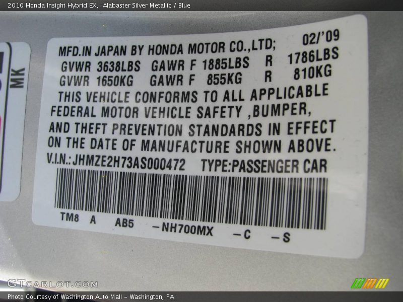 Alabaster Silver Metallic / Blue 2010 Honda Insight Hybrid EX