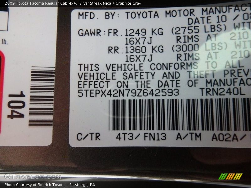 Silver Streak Mica / Graphite Gray 2009 Toyota Tacoma Regular Cab 4x4