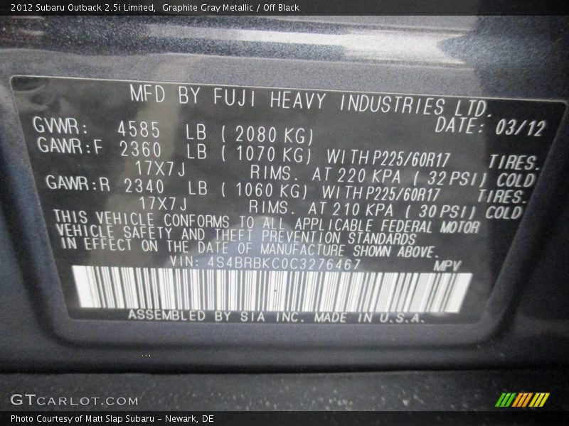 Graphite Gray Metallic / Off Black 2012 Subaru Outback 2.5i Limited