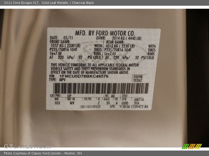 Gold Leaf Metallic / Charcoal Black 2011 Ford Escape XLT