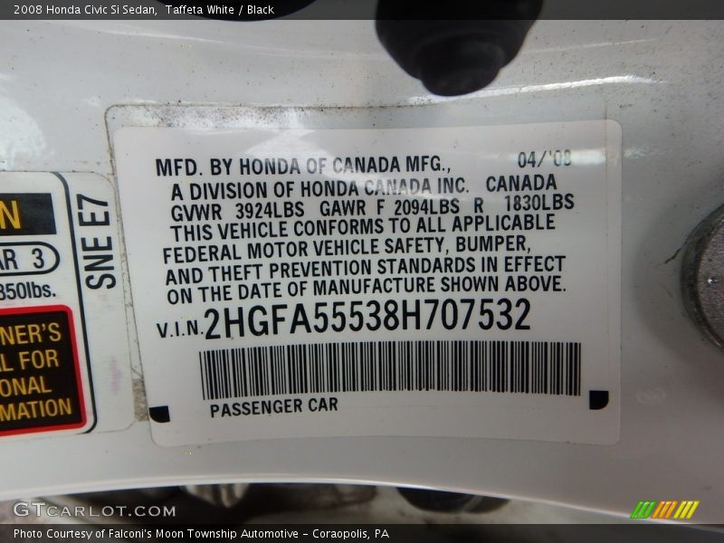 Taffeta White / Black 2008 Honda Civic Si Sedan