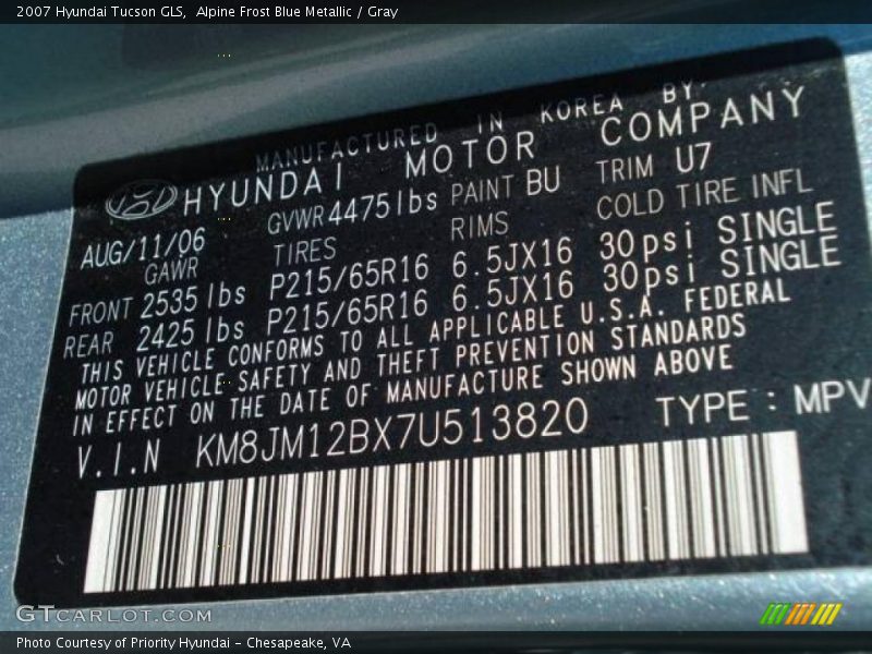 Alpine Frost Blue Metallic / Gray 2007 Hyundai Tucson GLS