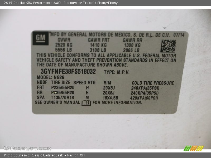 Platinum Ice Tricoat / Ebony/Ebony 2015 Cadillac SRX Performance AWD