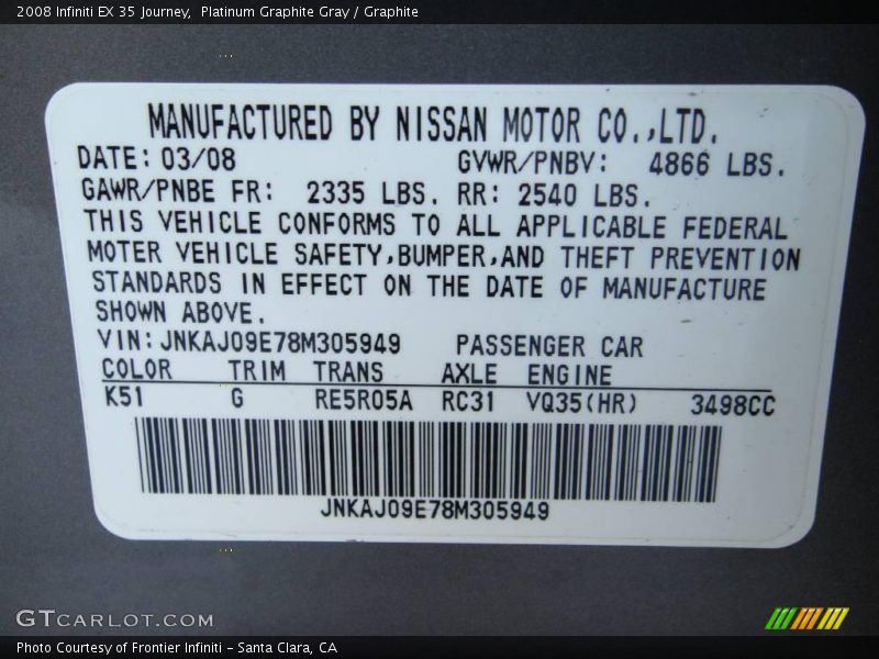Platinum Graphite Gray / Graphite 2008 Infiniti EX 35 Journey