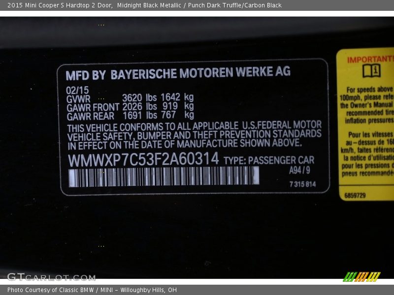 Midnight Black Metallic / Punch Dark Truffle/Carbon Black 2015 Mini Cooper S Hardtop 2 Door