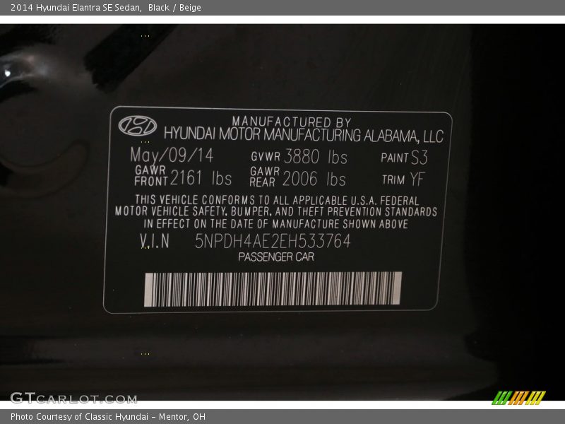 Black / Beige 2014 Hyundai Elantra SE Sedan