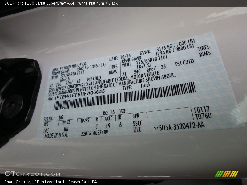 2017 F150 Lariat SuperCrew 4X4 White Platinum Color Code UG