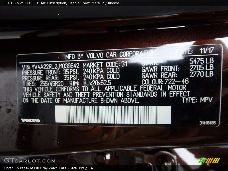 Maple Brown Metallic / Blonde 2018 Volvo XC60 T6 AWD Inscription