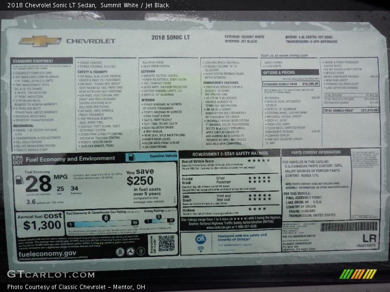  2018 Sonic LT Sedan Window Sticker