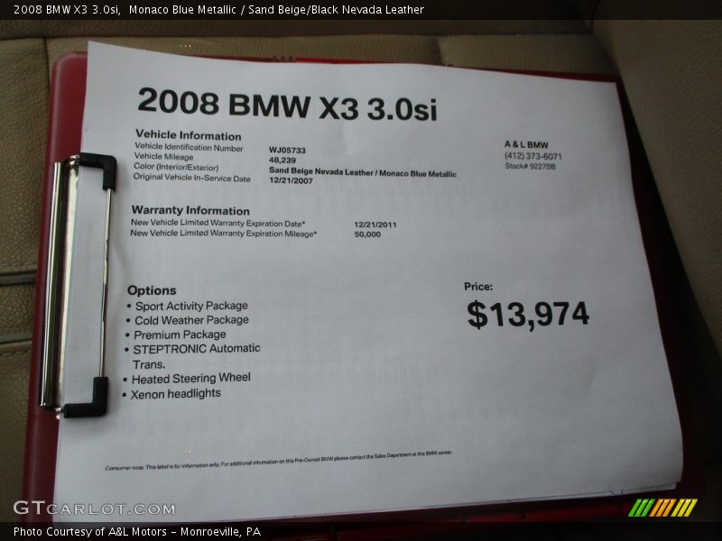 Monaco Blue Metallic / Sand Beige/Black Nevada Leather 2008 BMW X3 3.0si