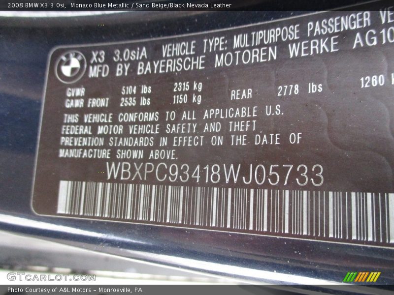Monaco Blue Metallic / Sand Beige/Black Nevada Leather 2008 BMW X3 3.0si