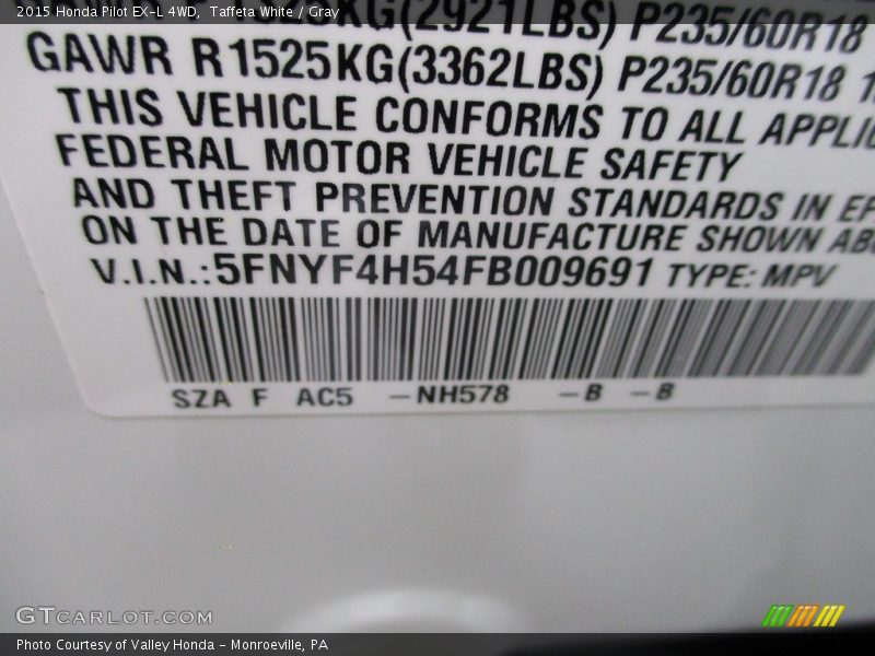 Taffeta White / Gray 2015 Honda Pilot EX-L 4WD