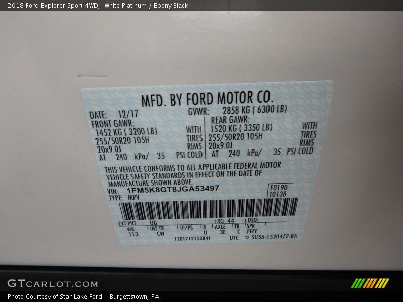 2018 Explorer Sport 4WD White Platinum Color Code UG