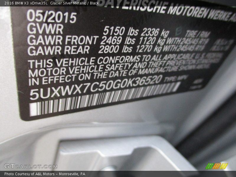 Glacier Silver Metallic / Black 2016 BMW X3 xDrive35i