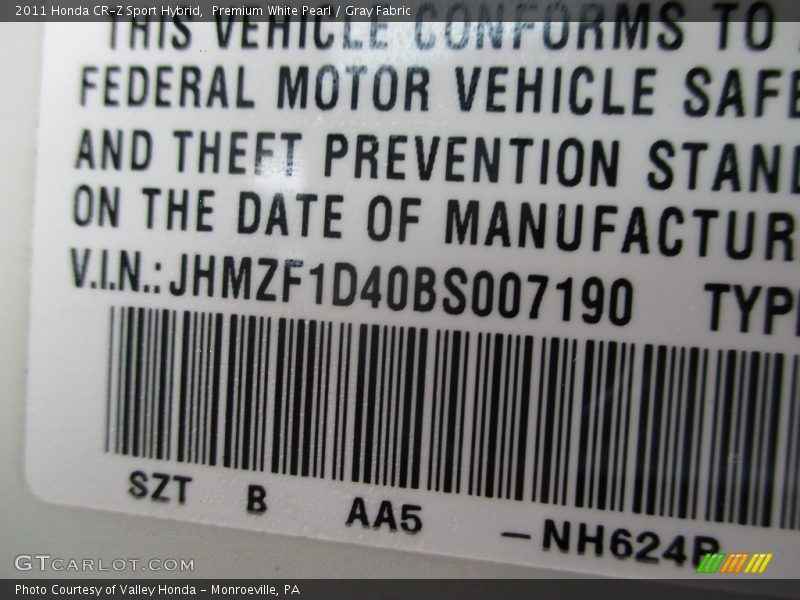 Premium White Pearl / Gray Fabric 2011 Honda CR-Z Sport Hybrid