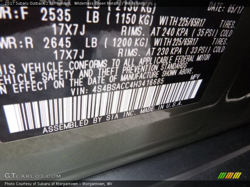 Wilderness Green Metallic / Warm Ivory 2017 Subaru Outback 2.5i Premium