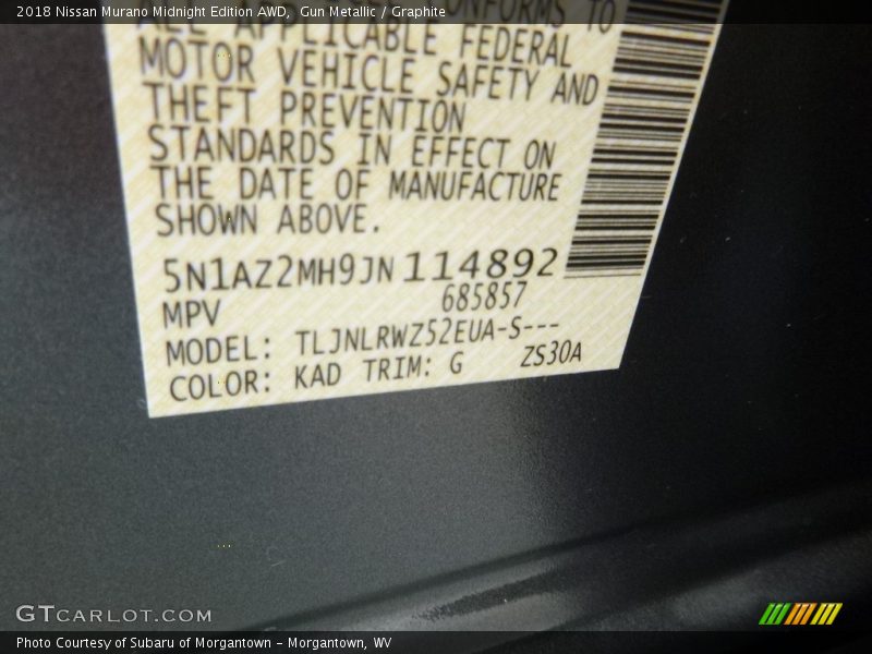 2018 Murano Midnight Edition AWD Gun Metallic Color Code KAD