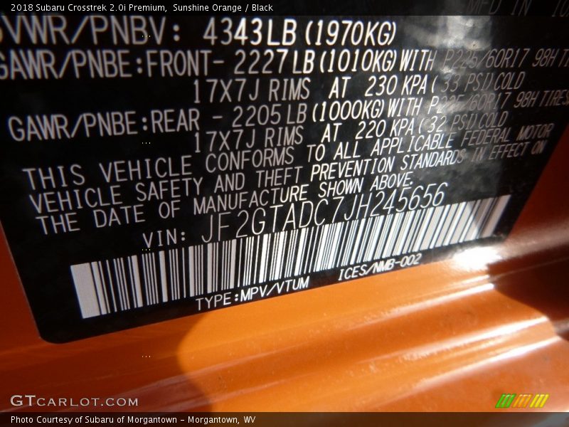 Sunshine Orange / Black 2018 Subaru Crosstrek 2.0i Premium