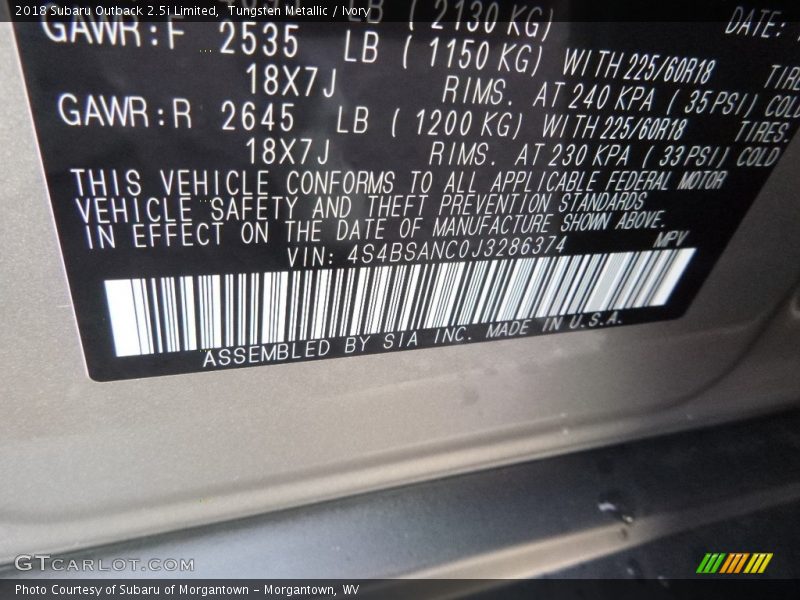 Tungsten Metallic / Ivory 2018 Subaru Outback 2.5i Limited